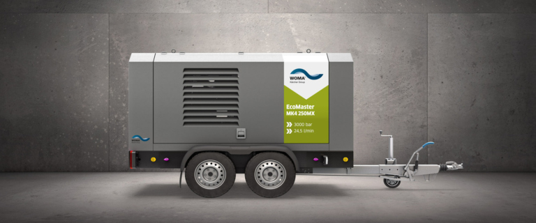 WOMA EcoMaster MK4 ultra-high-pressure unit on a 2-axle trailer